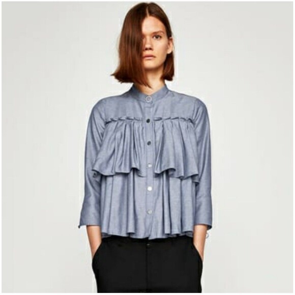 Zara Blue Ruffle Tiered Layered 3/4 Sleeve Snap Front Blouse Size S Boho - Picture 1 of 10
